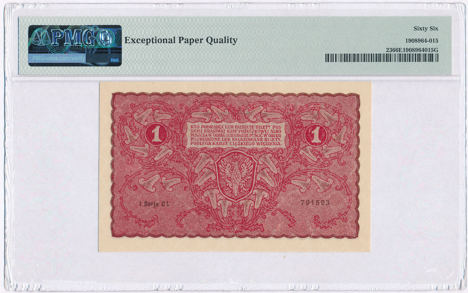 1 marka polska 1919 seria I-CL, PMG 66 EPQ (2 MAX) - PIĘKNE